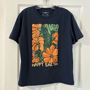 Happy Earth Women’s Navy Graphic T-Shirt with Orange Floral Design